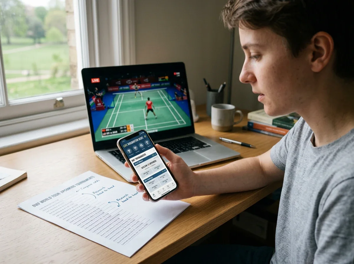 Anfänger beim Badminton Wetten: Smartphone mit Wettplattform und BWF-Turnierliste im Hintergrund