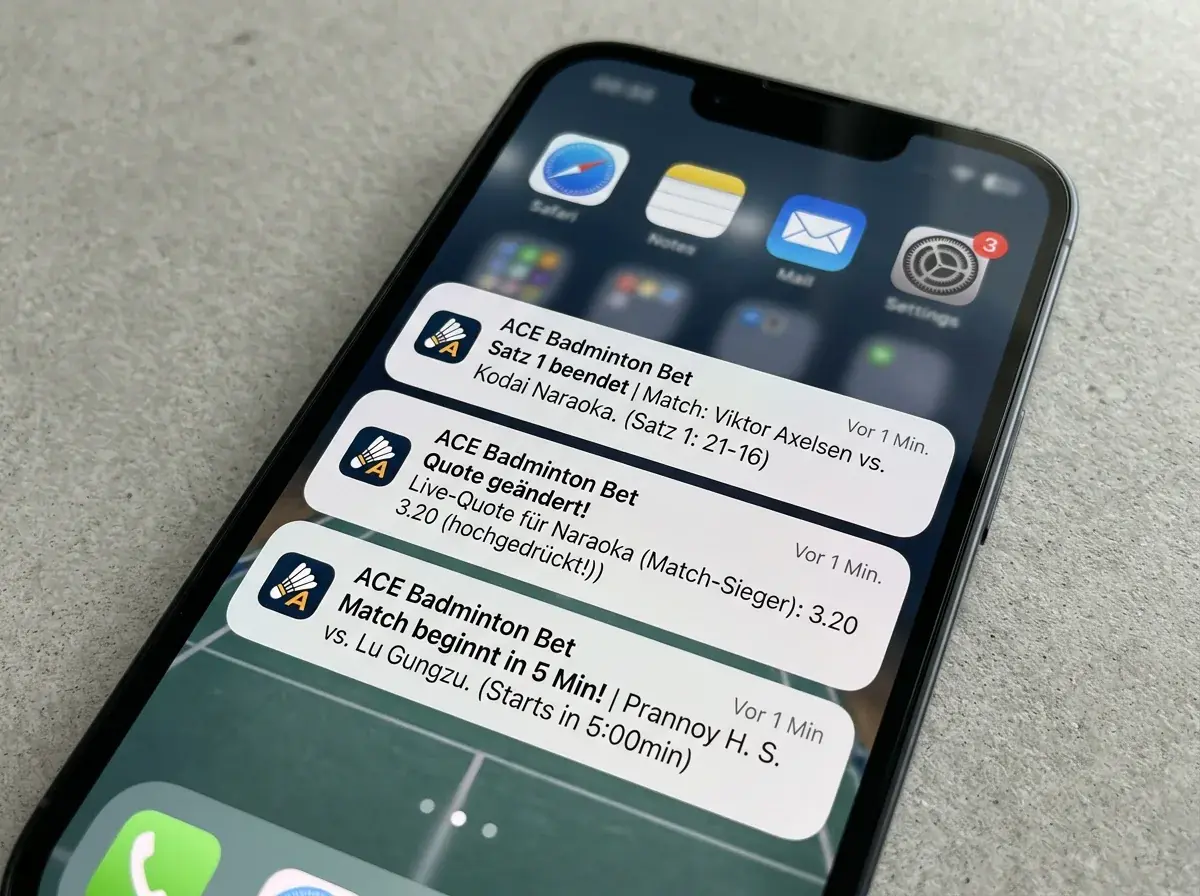 Push-Benachrichtigungen einer Badminton Wetten App für Satzwechsel und Quote-Änderungen