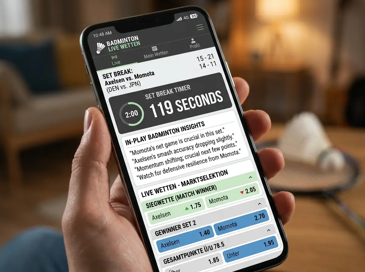 Badminton Live-Wetten App mit Satzpausen-Timer und aktuellen In-Play-Quoten