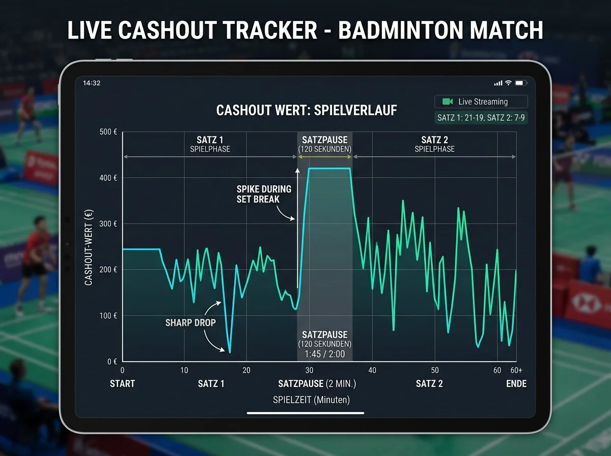 Cashout-Kurve einer Badminton-Wette über zwei Sätze mit deutlichem Anstieg in der Satzpause