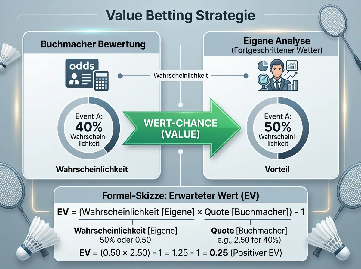 Value-Betting Diagramm: Erwartungswert-Berechnung bei Badminton-Wetten mit höherer eigener Wahrscheinlichkeitseinschätzung