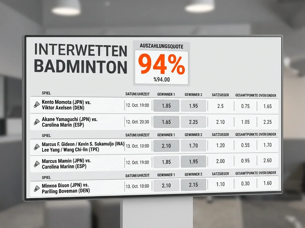 Interwetten Badminton Auszahlungsquote 94% im Vergleich mit anderen GGL-lizenzierten Buchmachers